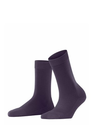 Calzini viola scuro con risvolto a coste, texture liscia e design di lunghezza media. Presentano una punta senza cuciture per il massimo comfort.