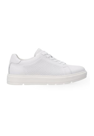White sneaker made of leather with a smooth finish. Features perforated side panels, round toe, and a textured rubber sole.