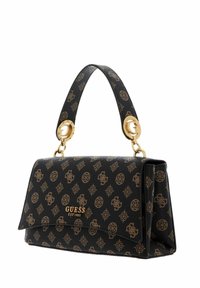 Borsa a tracolla nera in ecopelle con hardware dorato, presenta un motivo logo su tutta la superficie, una forma strutturata e una maniglia corta e decorata.