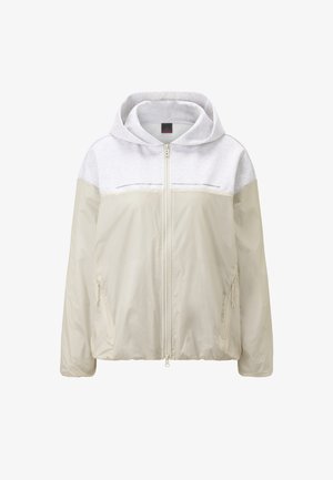 Lightweight, zip-up jacket in beige with a gray hood, featuring smooth fabric, elastic cuffs, and two zippered side pockets.
