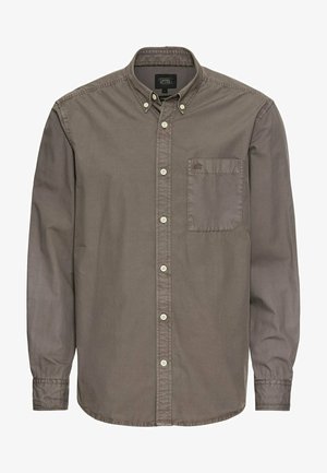 Long-sleeve button-up shirt in a muted gray color, made of cotton, featuring a chest pocket and subtle logo accent on the pocket.