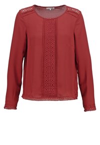 Blouse rouge à manches longues avec un col rond, ornée de dentelle décorative sur le devant et les manches, et d'une coupe légèrement ample.