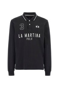 Svart långärmad polo skjorta med vita accenter, med en treknapplåsning, stor "3" och "LA MARTINA POLO" broderat på framsidan.