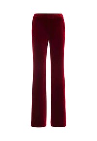 Rode, uitlopende fluwelen broek met een elastische tailleband. Zachte textuur en gladde afwerking. Rechte snit van taille tot knie, met een verbreding aan de zoom.