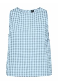 Svijetloplava gingham bezrukavna majica s okruglim izrezom i opuštenim krojem. Izrađena od mekanog, teksturiranog materijala s kariranim uzorkom.