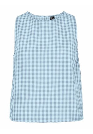 Vaaleansininen ruudullinen ilman hihoja oleva toppi, jossa on pyöreä pääntie ja rento malli. Valmistettu pehmeästä, teksturoidusta kankaasta, jossa on ruutukuosi.