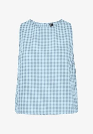 Light blue gingham sleeveless top with a round neckline and relaxed fit. Made of soft, textured fabric with a checkered pattern.