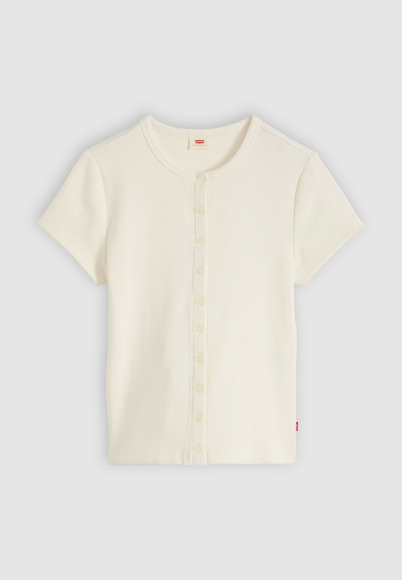 Cardigan côtelé crème à manches courtes, boutonné, avec col rond et petite étiquette logo Levi's sur la couture latérale.