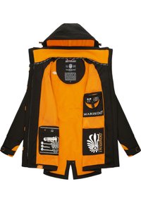 Black and orange jacket with a zippered hood, featuring interior pockets and logos. Made of weather-resistant fabric with a smooth texture.