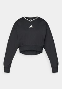 Μαύρο κοντό φούτερ με μακριά μανίκια, με V-λαιμόκοψη, λευκές λεπτομέρειες και λογότυπο Adidas στο στήθος. Λεπτομέρειες με κουμπιά τύπου σναπ στα μανίκια.