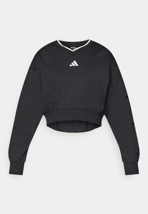 Μαύρο κοντό φούτερ με μακριά μανίκια, με V-λαιμόκοψη, λευκές λεπτομέρειες και λογότυπο Adidas στο στήθος. Λεπτομέρειες με κουμπιά τύπου σναπ στα μανίκια.