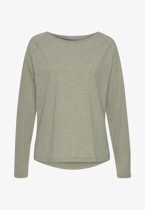 Light green long-sleeve top with a round neckline and raglan sleeves. Made from a soft, textured fabric with a slightly curved hem.