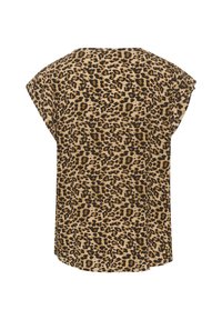Top s krátkym rukávom s leopardím vzorom a voľným strihom, ktorý sa vyznačuje svetlo béžovou a hnedou farebnou paletou, jemnou látkou a zaobleným lemom.