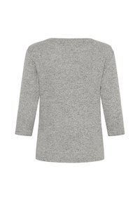 Pelēks trīs ceturtdaļveida piedurkņu tops ar kupriniekveida kakla izgriezumu, izgatavots no mīksta dzijas materiāla, ar heathered tekstūru visā virsmā.