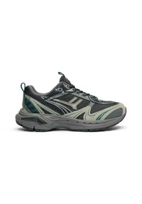 Scarpe da corsa da uomo con tomaia in mesh di colore grigio scuro e dettagli verdi. Soletta grigia imbottita e suola in gomma testurizzata con punta arrotondata.
