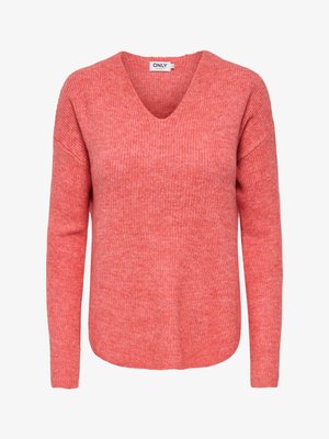 Jersey de manga larga color rosa coral suave de punto de canalé con escote en V, ajuste holgado y dobladillo redondeado.