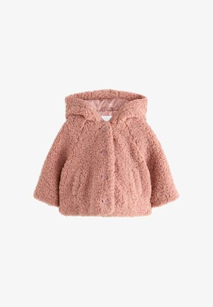 Różowa kurtka sherpa w rozmiarze dla maluchów, z kapturem, guzikami z przodu i bocznymi kieszeniami, prezentowana na białym tle.