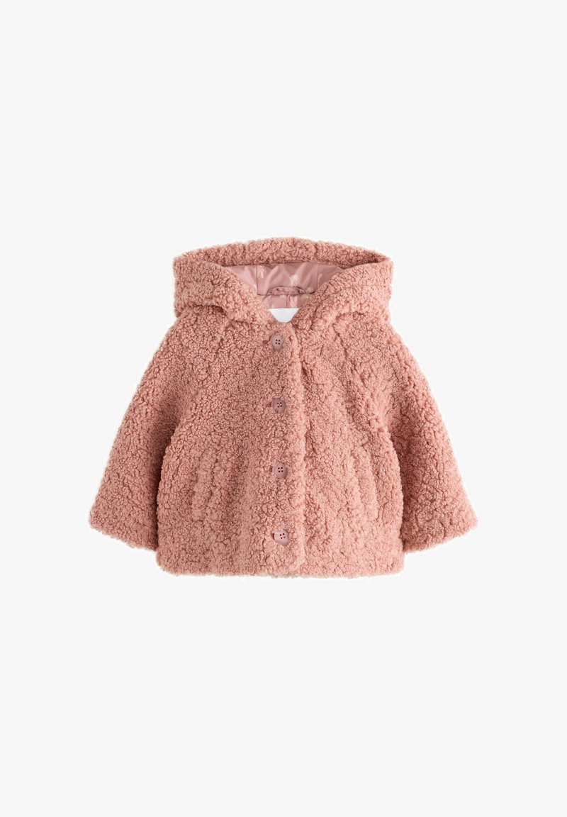 Różowa kurtka sherpa w rozmiarze dla maluchów, z kapturem, guzikami z przodu i bocznymi kieszeniami, prezentowana na białym tle.