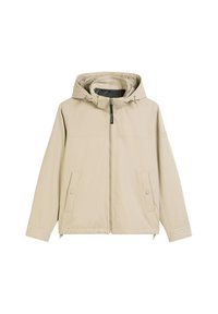 Beżowa kurtka z kapturem na zamek z przodu, dwie boczne kieszenie oraz regulowany sznurek przy kapturze. Gładka tkanina i luźny fason.
