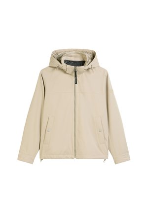 Beige Kapuzenjacke mit Reißverschluss vorne, zwei Seitentaschen und verstellbarem Kordelzug an der Kapuze. Glattes Material und lockere Passform.