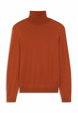 Bordeauxkleurige coltrui gemaakt van zacht materiaal. Getailleerd ontwerp met lange mouwen en geribbelde hals en zoom. Glad oppervlak over het geheel.