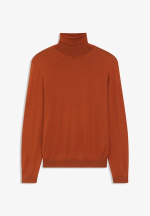 Rust-colored turtleneck sweater made of soft fabric. Fitted design with long sleeves and ribbed neck and hem. Smooth texture throughout.