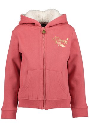 Hoodie rose à fermeture éclair avec une doublure blanche pelucheuse, deux poches avant et "Journée heureuse" brodé en doré sur la poitrine gauche.