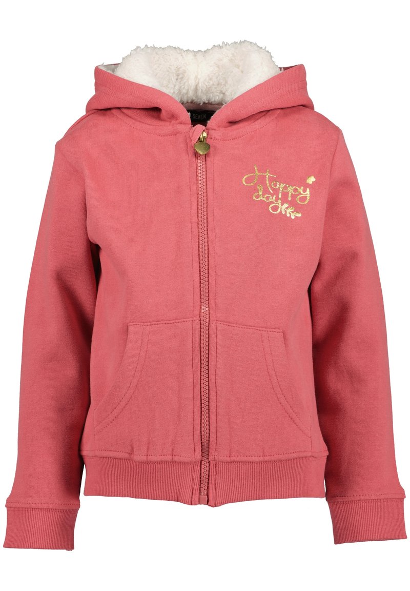 Felpa rosa con zip e fodera bianca soffice, due tasche frontali e la scritta "Happy day" ricamata in oro sul lato sinistro del petto.