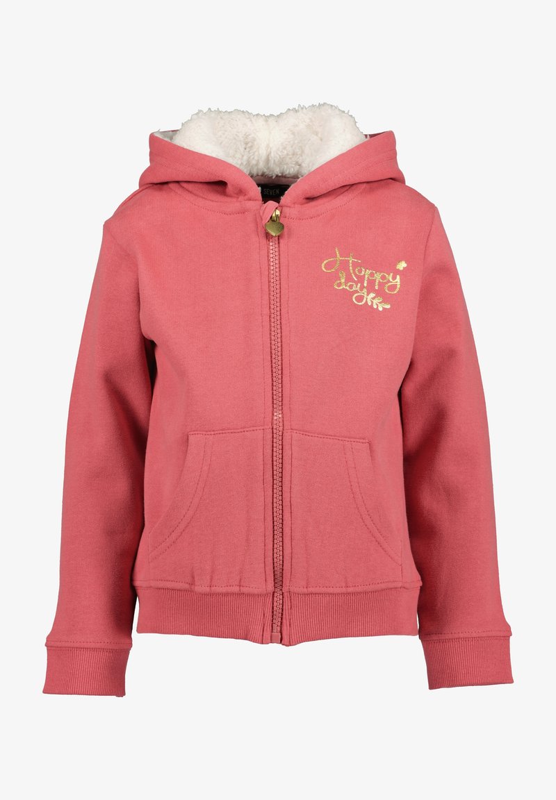 Rosa Zip-Hoodie mit einem flauschigen weißen Innenfutter, zwei Vordertaschen und "Happy day" in Gold auf der linken Brust gestickt.