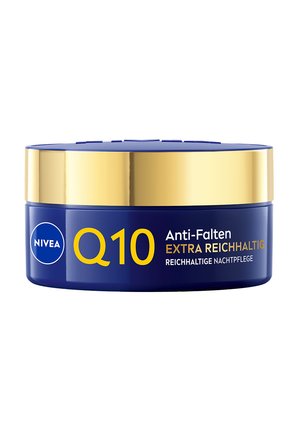 Nivea Q10 anti-wrinkle night cream in a blue jar with a gold lid, labeled "Extra Reichhaltig" for extra richness.