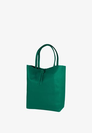 Groene leren totebag met twee handvatten, een rechthoekige vorm, een gladde textuur en een trekkoordsluiting aan de bovenkant.