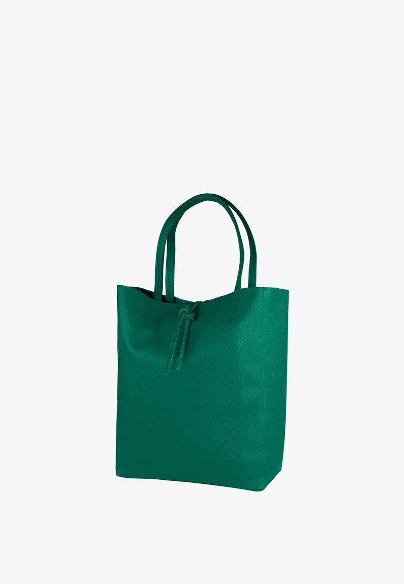 Groene leren totebag met twee handvatten, een rechthoekige vorm, een gladde textuur en een trekkoordsluiting aan de bovenkant.