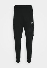 Svarta Nike cargo-byxor med elastiskt midjeband, två sidofickor och en liten vit logotyp på övre vänstra benet. Mjuk tygtextur.
