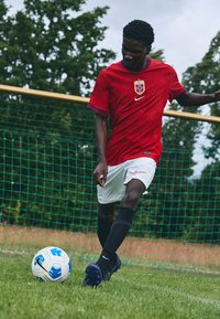 Rød fodboldtrøje med lodrette striber, Norges emblem og Nike-logo; hvide shorts; sorte sokker; sparker til en blå og hvid fodbold på græs.