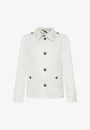 Leichte weiße Jacke mit Kragen, doppelt geknöpftem Design, schwarzen Knöpfen und zwei Vordertaschen; strukturierter Stoff mit dezentem Glanz.