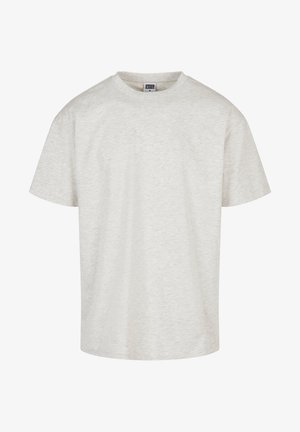 T-shirt di cotone grigio chiaro con maniche corte, scollatura rotonda e vestibilità comoda. Tessuto testurizzato con un sottile motivo melangiato.