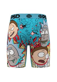 Men’s blue boxer briefs featuring multiple cartoon faces of characters with exaggerated expressions and the PSD logo on the waistband.