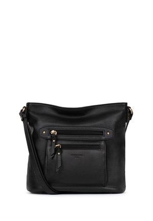 Czarna skórzana torba na ramię z dwoma przednimi kieszeniami na zamek, złotym okuciem i teksturowanym wykończeniem. W zestawie regulowany pasek na ramię.