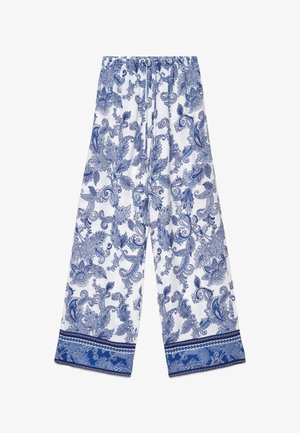 Pantaloni bianchi a gamba larga con stampa floreale paisley blu e bordo decorato blu all'orlo, con vita elastica e coulisse.