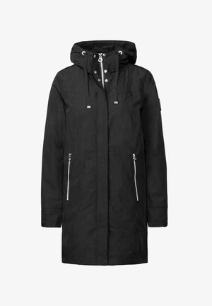 Schwarze wasserdichte Parka mit Kapuze, zwei Reißverschluss-Fronttaschen, Zugbanddetails und einer glatten, strukturierten Stoffoberfläche.