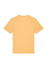 T-shirt à manches courtes et col rond en tissu doux de couleur jaune clair. Il présente un dos uni sans motifs ni ornements.