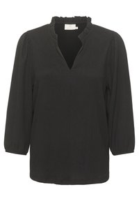 Sort bluse med en struktureret finish, har en V-hals med en flæsekrave og trekvart ballonærmer.