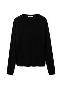 Pull noir à manches longues et col rond avec une texture simple et lisse, sans motifs ni décorations visibles.