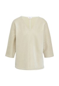 Beige V-hals top met horizontale crèmekleurige strepen, driekwart mouwen en een rechte zoom. Zachte stof met een ontspannen pasvorm.