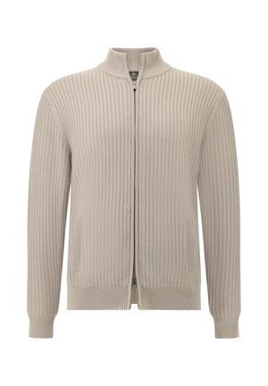 Beige geribde cardigan met een hoge kraag, volledige rits en twee voorzakken. Voorzien van een gestructureerde brei-stof en aangesloten manchetten.