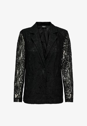 Zwarte kanten blazer met lange kanten mouwen, eenknopsluiting en voorzakken. Gedetailleerd kanten patroon overal. Gevoerd interieur.