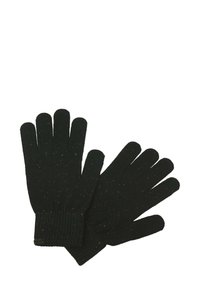 Zwarte gebreide handschoenen met een geribbelde manchette. Bevat kleine, kleurrijke spikkels door het geheel. Vijfvingerontwerp voor volledige behendigheid.