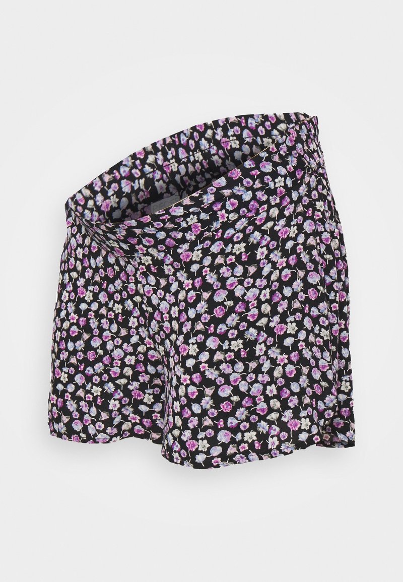 Shorts noirs à motifs floraux avec un motif de petites fleurs violettes, bleues et blanches. Tissu léger avec une taille élastique.