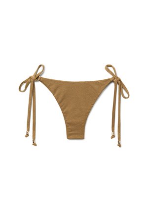Braun strukturierter Bikini-Slip mit seitlichen Bändern und kleinen goldenen Perlenakzenten auf weißem Hintergrund.