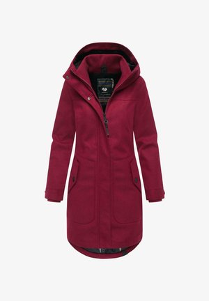 Długi bordowy płaszcz uszyty z miękkiego materiału, z kapturem, z zamkiem z przodu, dwoma bocznymi kieszeniami i fakturowanym wnętrzem.